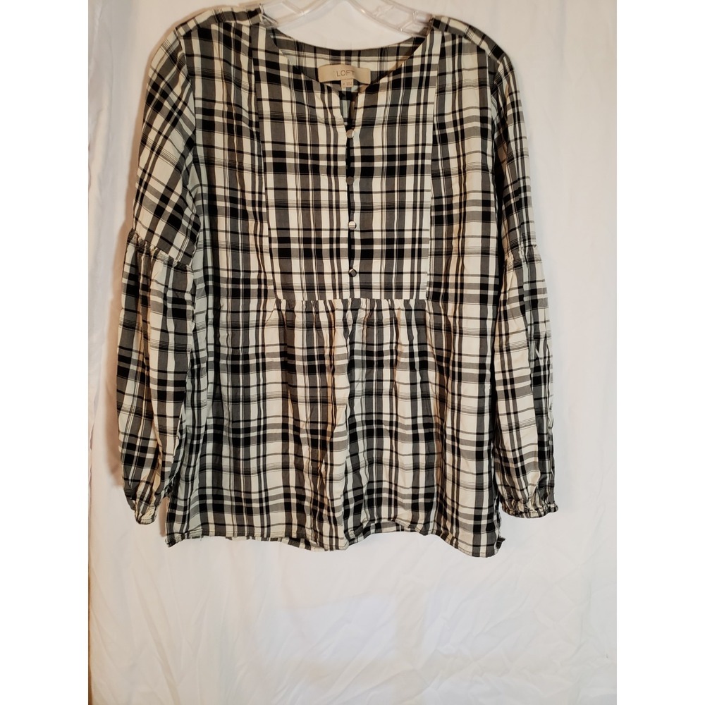 Women's Loft Black And White Plaid Long Sleeve Blouse Size M